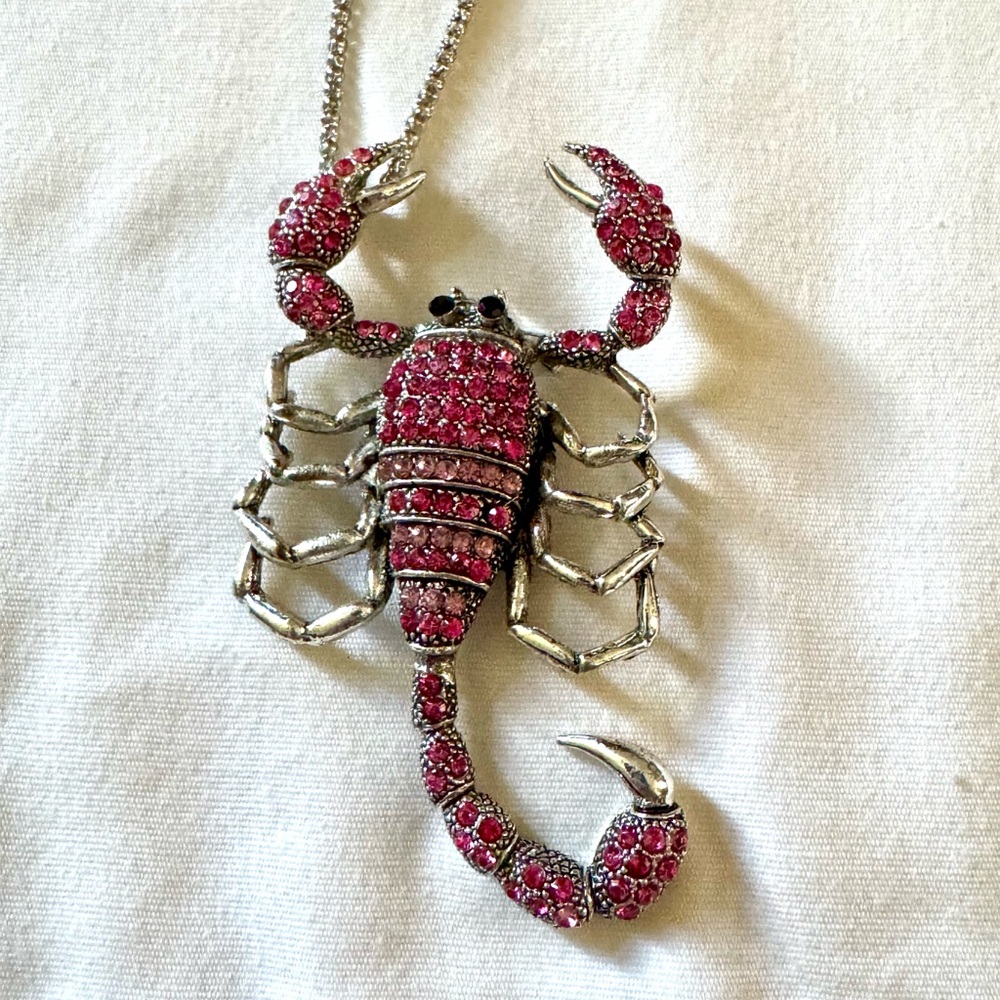 BIG Zodiac SCORPIO Scorpion Pink Rhinestone Astrology Necklace Pendant Brooch